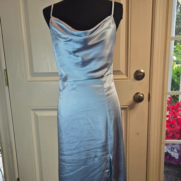 AIGEMAN Women Spaghetti Strap Sexy Maxi Dress Ruched High Slit Dress Sz: S Blue - Picture 4 of 11
